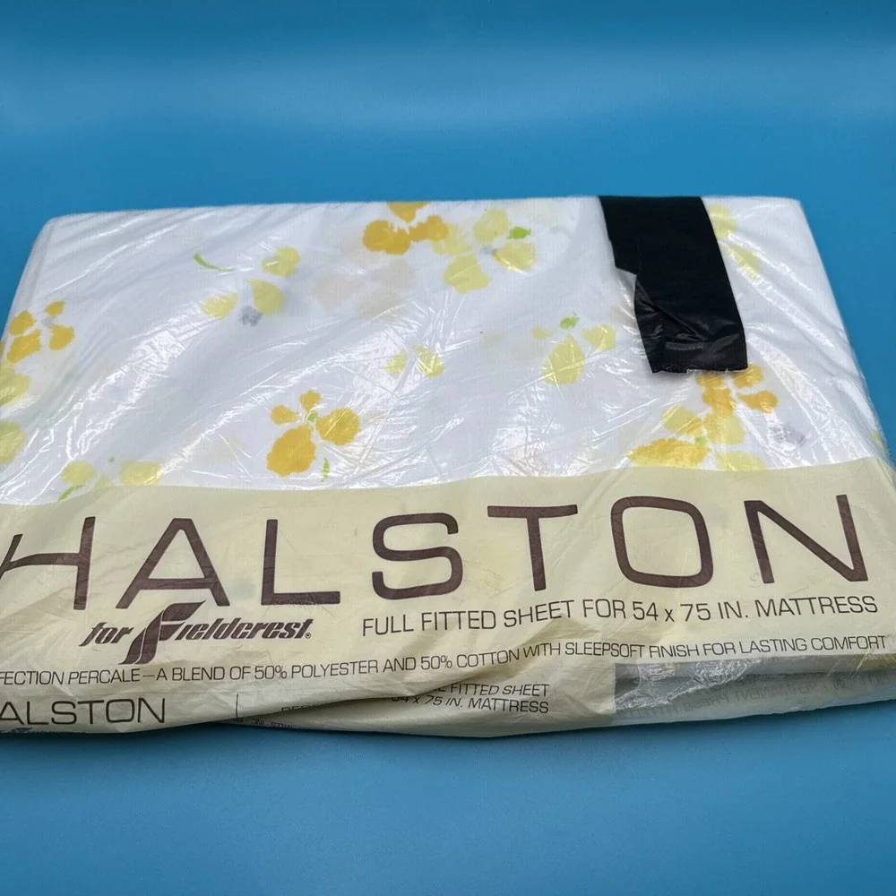 Vintage 1970s 70s FULL Fitted Sheet Fieldcrest Halston's Flower Fieldcrest New‎
